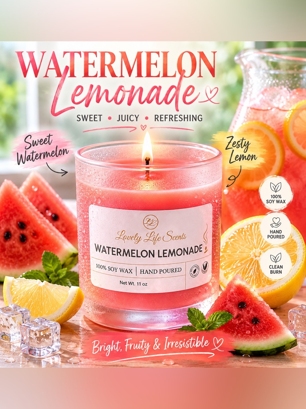 Watermelon Lemonade 11oz Premium Soy Wax Candle — Fresh Summer Scent